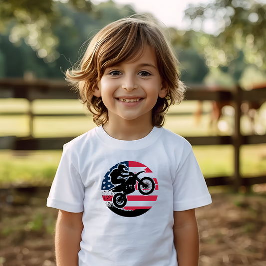 Kids Dirt Biking T-Shirt with American Flag