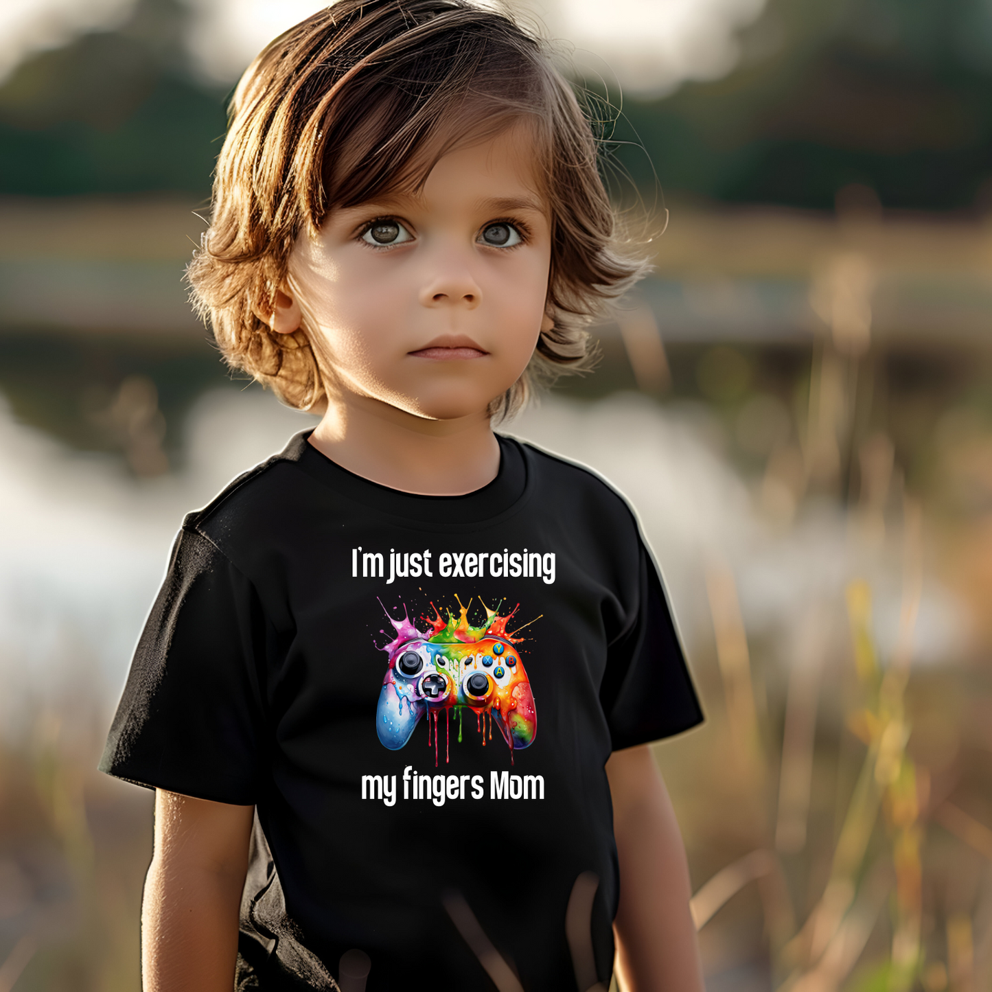 Kids Gaming T-Shirt- I'm Just Exercising My Fingers Mom